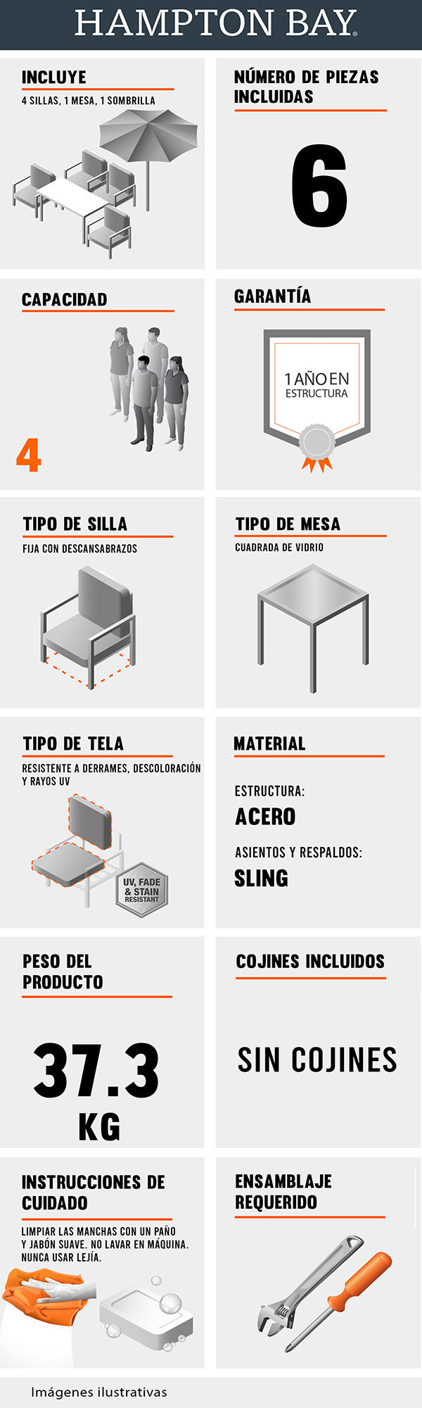 COMEDOR DE JARDÍN BLACKWELL GRIS 4 SILLAS TELA ESTRUCTURA DE ACERO
